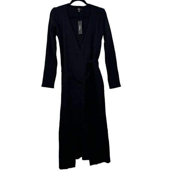 Lulus Ribbed Surplice Wrap Midi Sweater Dress Duster Cardigan Black Large NEW - Picture 1 of 8